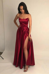 Burgundy Strapless Long Prom Dresses, Simple Formal Evening Dresses